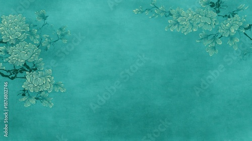 Chinese traditional lunar new year Spring Festival celebration in Asia. A vibrant blue background with a floral pattern of white flowers and green leaves, creating a beautiful and intricate design.