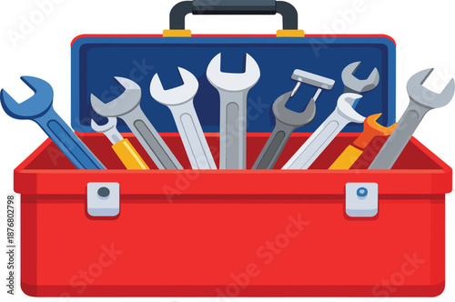 Toolbox Illustration Featuring Open Red Tool Case Filled with Wrenches and Repair Tools in Modern Flat Style
