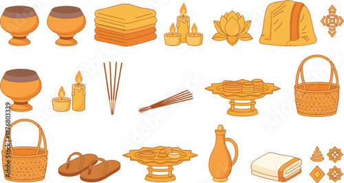 Traditional Buddhist Ritual Items Illustration Set Featuring Offering Bowls, Candles, Incense, Robes, Baskets and Cultural Objects