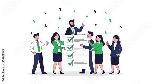 Teamwork Success: Business People Celebrate Completed Checklist