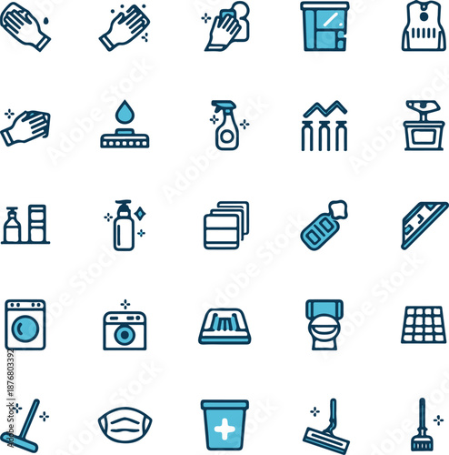 cleaning linear icon set. includes thin line bin, bubbles, scrub brush, dishwashing detergent, hot water, hand wash, cleaning icons for report, presentation, diagram, web design