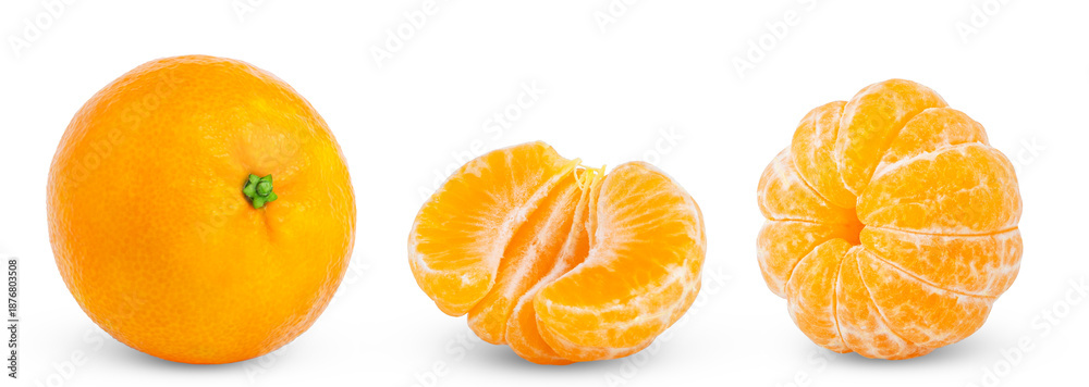 © Oleh - Collection of organic mandarin, tangerine or clementine fruit with green leaf and peeled mandarin, half of tangerine isolated. Clementines with clipping path.