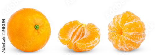 Canvas-taulu Collection of organic mandarin, tangerine or clementine fruit with green leaf and peeled mandarin, half of tangerine isolated