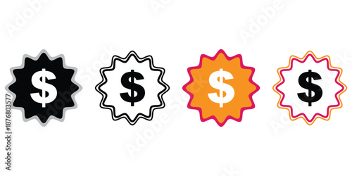 Four different colored starburst icons with dollar signs on white background