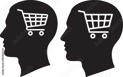 Head with shopping cart silhouette consumer mind