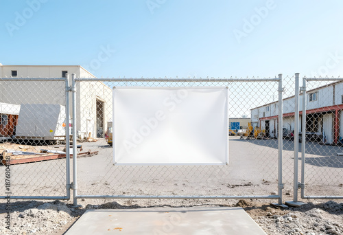 Industrial construction site with metal fence and blank banner, commercial development
