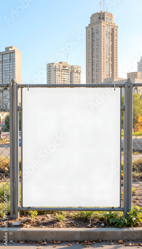 Blank construction banner against city skyline, advertising potential