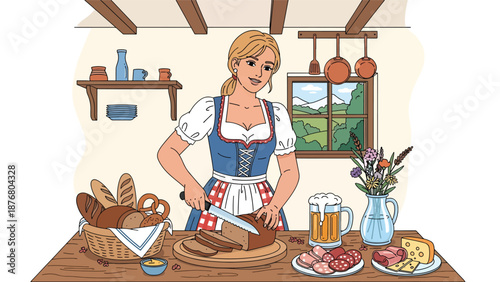 Flat vector illustration of a German woman slicing and serving traditional bread at a wooden table, classic food culture and lifestyle activity