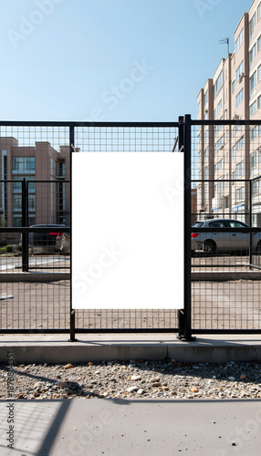 Real estate development site with blank banner, urban advertising potential