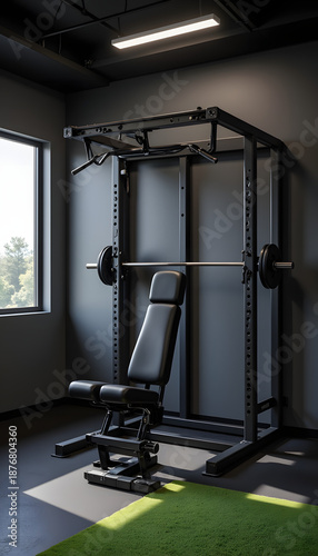 Compact gym equipment in sleek interior with natural light, fitness