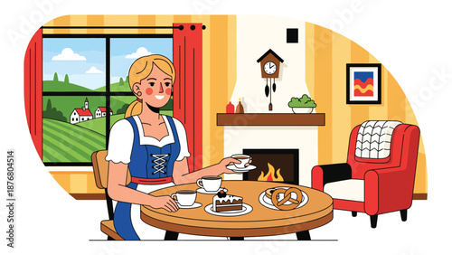 Flat vector illustration of a German woman enjoying tea time with pastries, calm traditional lifestyle moment inspired by European culture