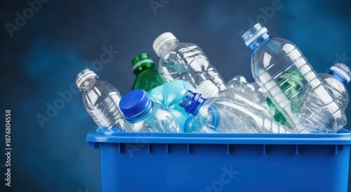 Recycling bin full of clear and colored plastic water bottles for disposal