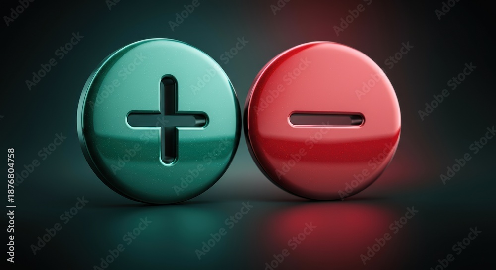 Obraz premium Plus and minus symbols as glossy green and red circular buttons with reflections