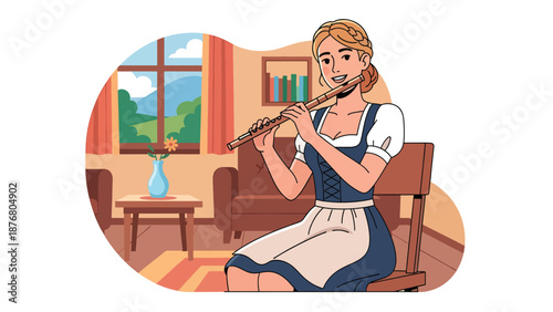 Vector illustration of a German woman playing a folk flute indoors, traditional music practice and cultural heritage lifestyle