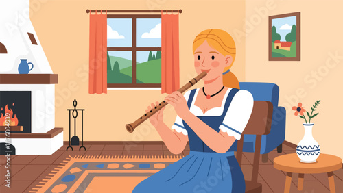 Vector illustration of a German woman playing a folk flute indoors, traditional music practice and cultural heritage lifestyle