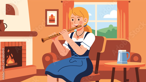 Vector illustration of a German woman playing a folk flute indoors, traditional music practice and cultural heritage lifestyle