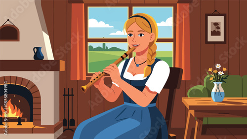 Vector illustration of a German woman playing a folk flute indoors, traditional music practice and cultural heritage lifestyle