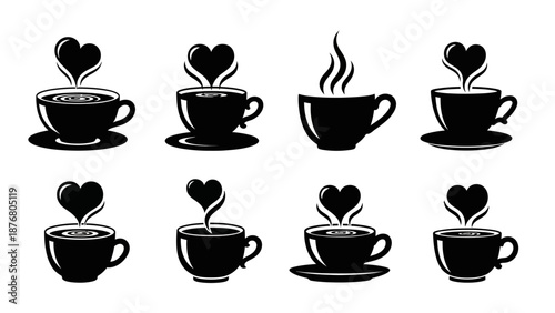 Eight black silhouette coffee cups with steaming hearts, expressing warmth, affection, and love for hot beverages and romance