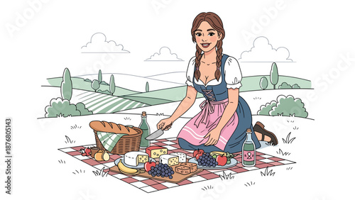 Flat vector illustration of a German woman preparing a countryside picnic with bread and fruit, traditional outdoor lifestyle activity