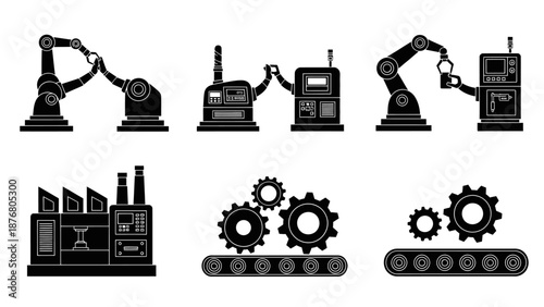 Industrial automation concept with robotic arms factory machinery and gears moving on conveyor belts in black and white graphics