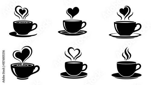 Minimalist black coffee cup icons with steam and heart symbols for cafe branding and hot beverage menu design set isolated on white background image