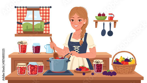 Flat vector illustration of a German woman preparing homemade jam, traditional food preservation activity and cultural lifestyle