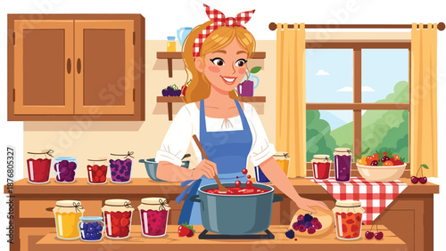 Flat vector illustration of a German woman preparing homemade jam, traditional food preservation activity and cultural lifestyle