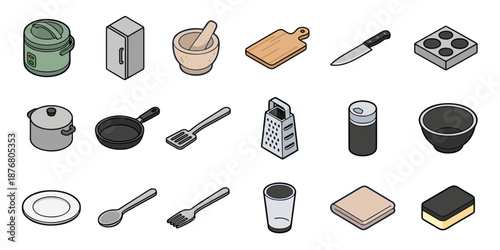 Isometric Kitchen Utensils and Cookware Flat Vector Set