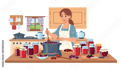 Flat vector illustration of a German woman preparing homemade jam, traditional food preservation activity and cultural lifestyle