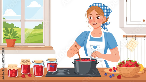 Flat vector illustration of a German woman preparing homemade jam, traditional food preservation activity and cultural lifestyle