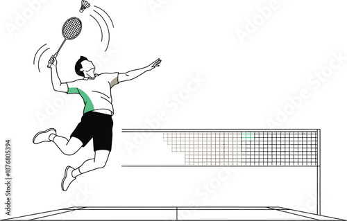 Minimalist line art illustration captures a dynamic badminton player leaping high above the court net executing a powerful overhead smash against the shuttlecock in mid-air during intense competition.