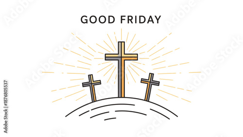 Good Friday illustration with three crosses on a hill.