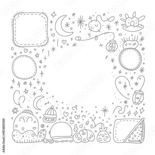 Dreamy Doodle Delight: Whimsical illustrations, featuring a medley of celestial bodies, cute characters, and enchanting lanterns. The art style evokes a sense of wonder and childlike glee.