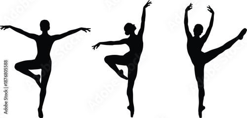 Classical ballet dancer silhouette set showing graceful poses and elegant movements, professional dance art isolated black white vector illustration design collection