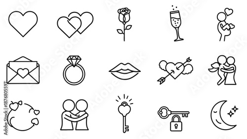 Simple black line icons representing love and romance.