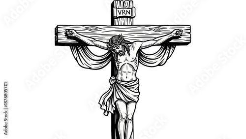 Black and white illustration of Jesus Christ on the cross.