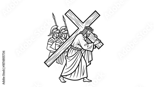 Jesus Christ carrying the cross with Roman soldiers.