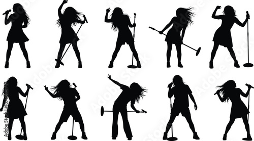Female singer silhouette set with microphone performance poses, rock pop concert energy, black figures isolated on white background illustration vector design