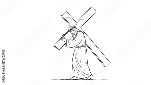 Jesus Christ carrying a large wooden cross illustration.