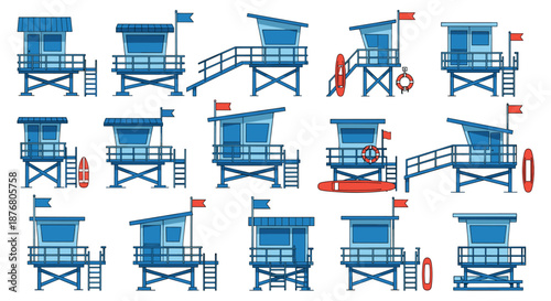Comprehensive set of various lifeguard tower designs in shades of blue with flags and life saving equipment on a white background.