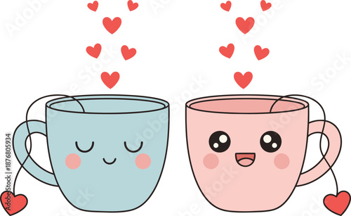 Cute cartoon coffee cups with happy faces and hearts, vector illustration of love and romance