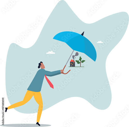 House insurance, home disaster insure coverage or safety or shield for residential building .about a man and his life.