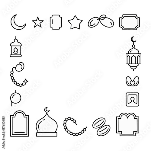 Islamic Symbols Frame: A minimalist frame formed by a collection of Islamic icons, including crescent moons, stars, lanterns, prayer beads, dates, and decorative frames.