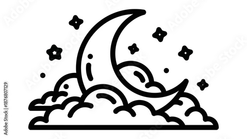 Night's Celestial Embrace: A serene, minimalist illustration of a crescent moon and stars, nestled amongst fluffy clouds, evoking a sense of tranquility and wonder.