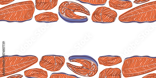 Pattern with flat style salmon fillet arranged as a decorative border. Seafood illustration on white background for packaging, menu, textile, wallpaper and food design.