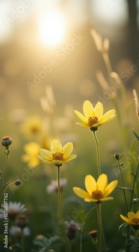 Yellow flowers in a field with the sun setting in the background
