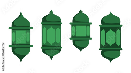 Geometric Lanterns: Four elegantly designed green lanterns stand in a row, showcasing a variety of shapes and styles, adding a touch of cultural artistry to the scene.