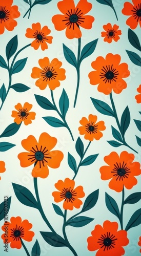 Pattern of orange flowers on a blue background