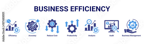 Business Efficiency banner illustrating productivity improvement, cost reduction, and performance analysis icons