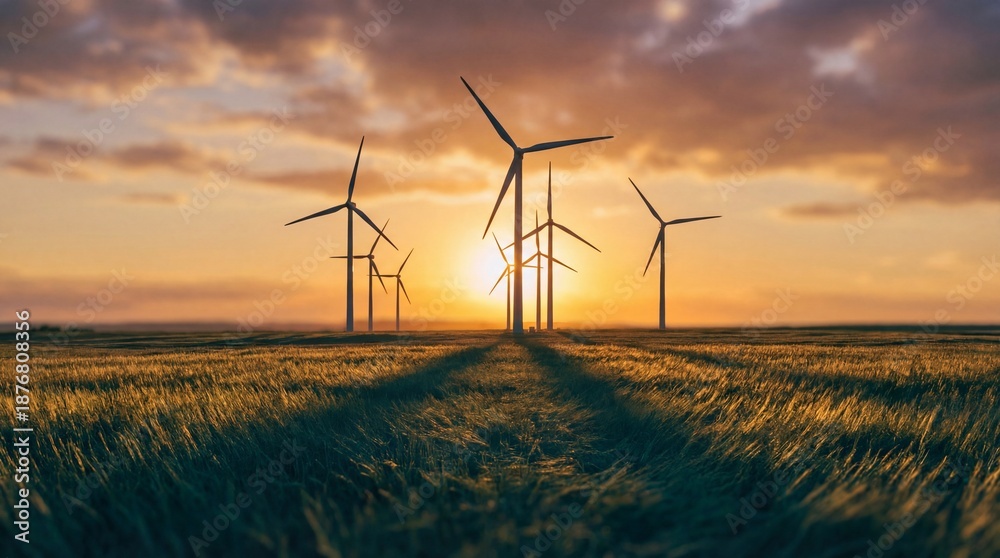 Obraz premium Wind turbines stand tall in a field during sunset, casting long shadows on the grass